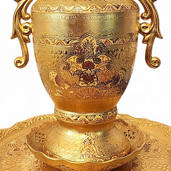 Vintage Large Decorative Gilt Urn w/ Lid Underplate & Bowl Middle Eastern Style - Picture 5 of 16